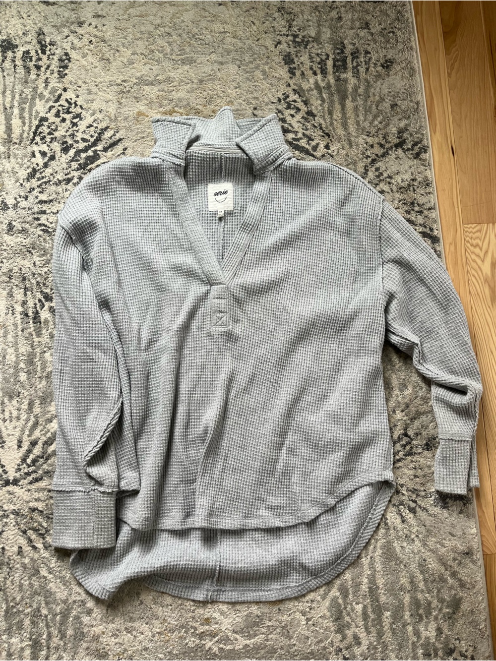 aerie Light Gray V‑Neck Waffle Knit Sweater